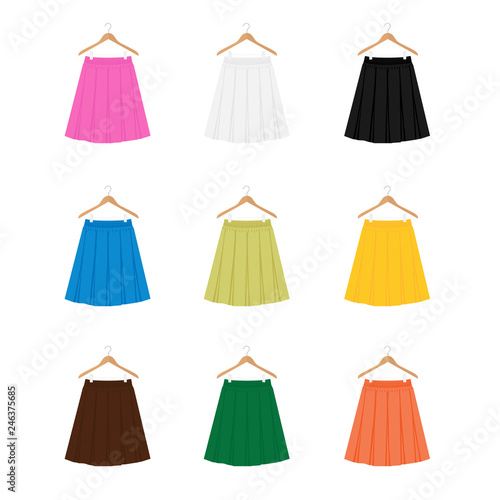 Vector skirt template, design fashion woman illustration. Women box pleated skirt on hanger set, collection