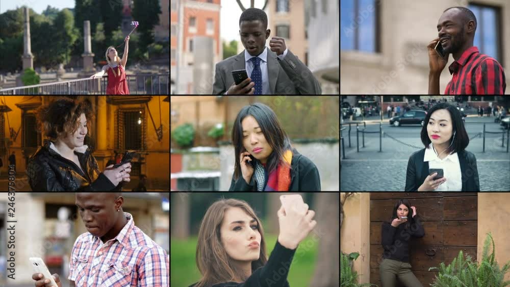 Multiscreen on young people of every race using the smart phone Multiscreen on young people of every race using the smart phone