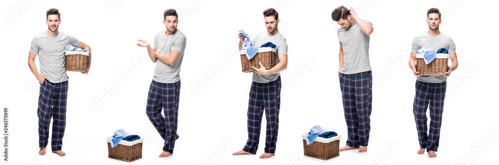 collage of handsome young man in pajama looking and holding laundry basket isolated on white - obrazy, fototapety, plakaty 