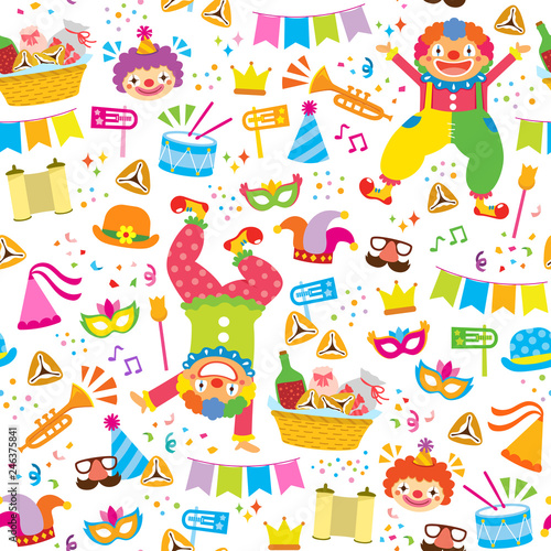 Colorful seamless pattern with clowns and symbols of Purim