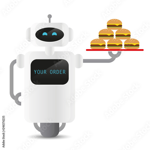 cute working service robot holding a tablet with burger vector illustration EPS10