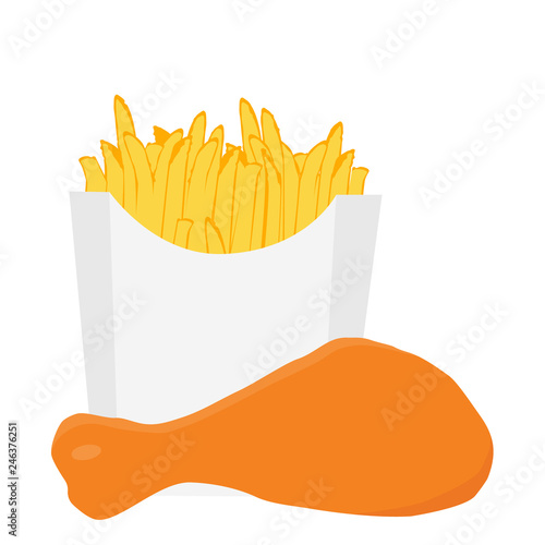 Fast food set french potato fries and chiken leg vector isolated on white background