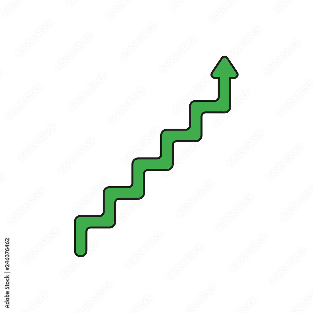Flat design style vector concept of line stairs symbol icon with arrow pointing up on white. Colored, black outlines.