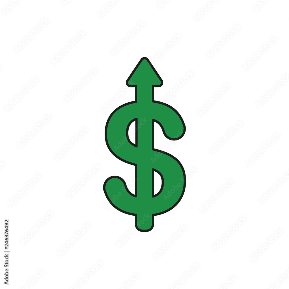 Flat design style vector concept of dollar symbol icon with arrow pointing up on white. Colored, black outlines. Flat design style vector concept of dollar symbol icon with arrow pointing up on white. Colored, black outlines.