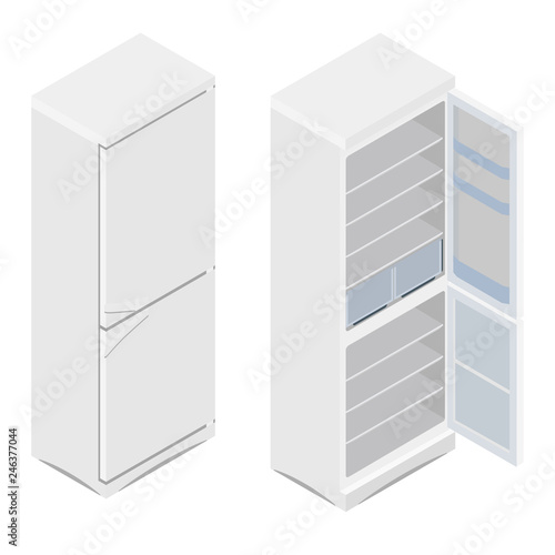 Vector illustration isometric grey empty refrigerator. Refrigerator or fridge icon