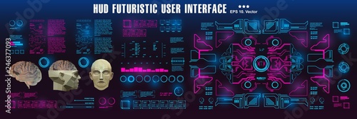 HUD medical virtual graphic touch user interface. Brain scanning accurate facial recognition biometric technology. 3D Low Poly brain scanning,