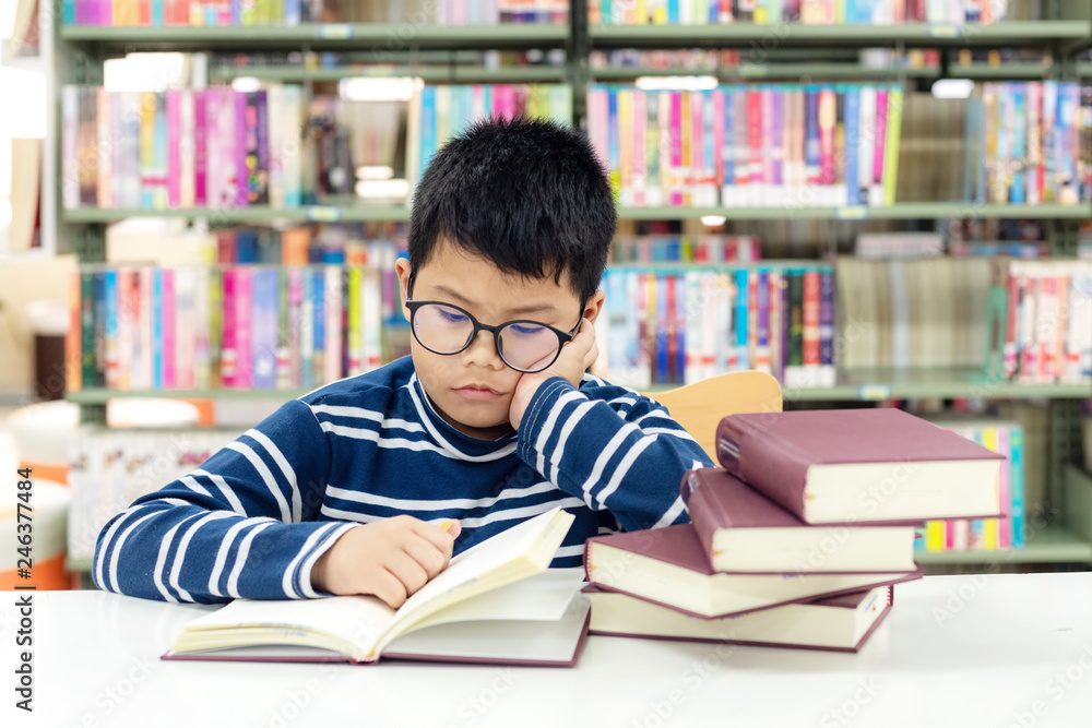 Kids asian boy reading books for education and go to school in library . Education and Lifestyle Concept Kids asian boy reading books for education and go to school in library . Education and Lifestyle Concept