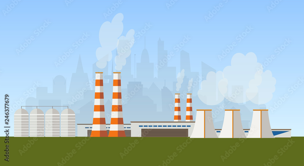 vector flat illustration of industrial zone, factory or power plant not far from the city