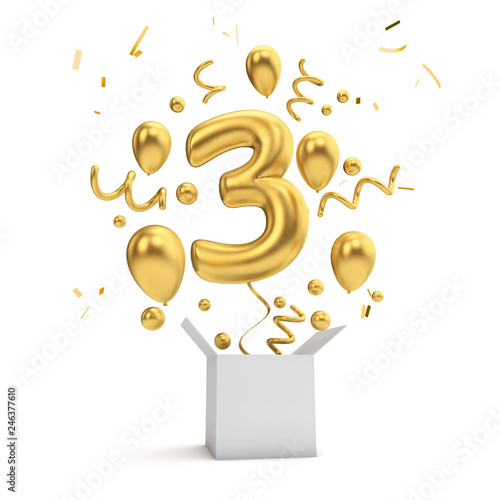 Canvas Print Happy 3rd birthday gold surprise balloon and box. 3D Rendering