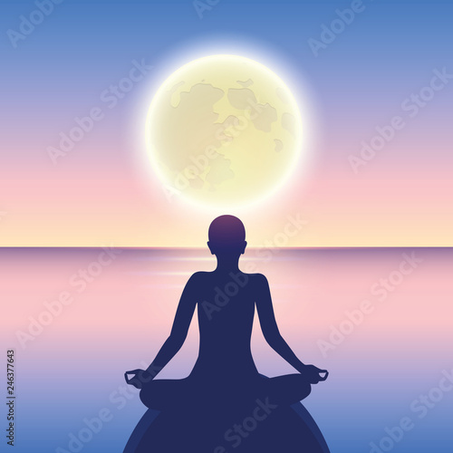 peaceful meditation on a calm sea at moonlight vector illustration EPS10