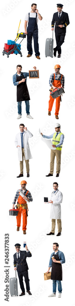collage of handsome man showing different professions isolated on white collage of handsome man showing different professions isolated on white