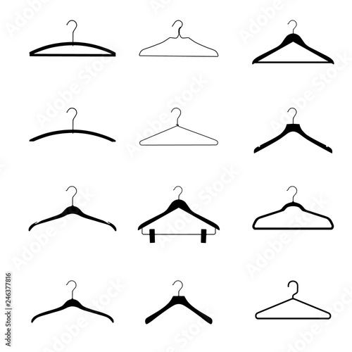 Wooden, plastic and metal wire coat hangers, clothes hanger silhouette on a white background