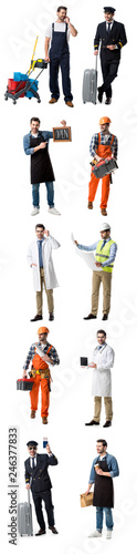 collage of handsome man showing different professions isolated on white