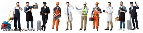 collage of handsome man showing different professions isolated on white
