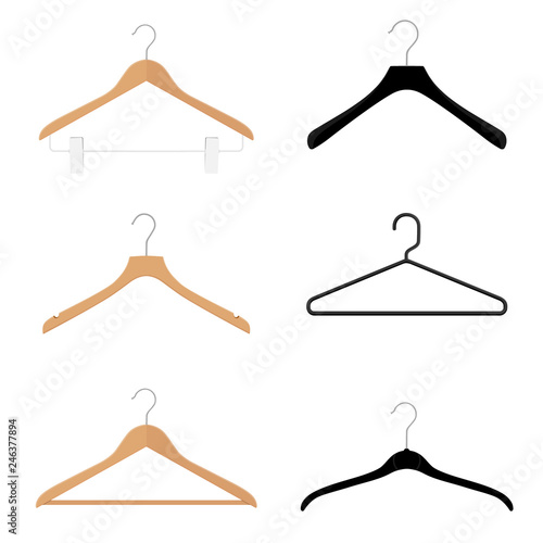 Wooden, plastic and metal wire coat hangers, clothes hanger on a white background