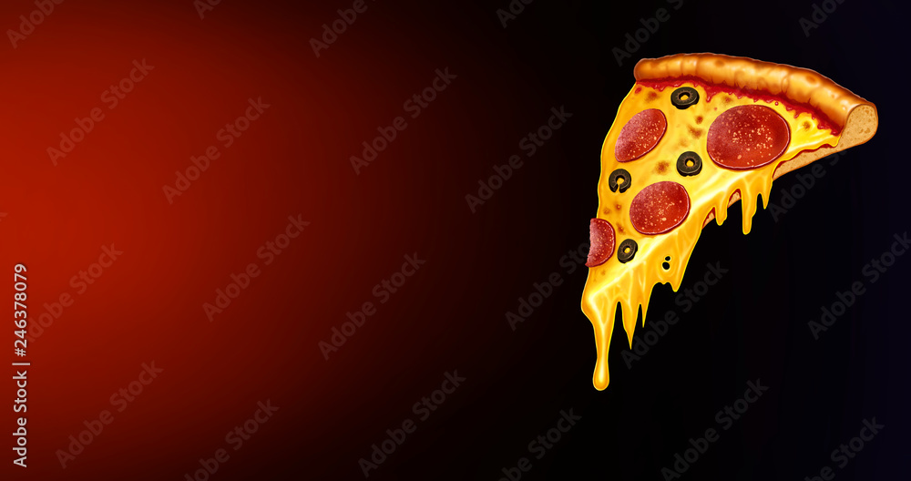 Fototapeta Pizza Pepperoni. Pepperoni pizza na czarnym czerwonym tle. Plasterek pizzy z plasterkami oliwek na kolorowym tle.