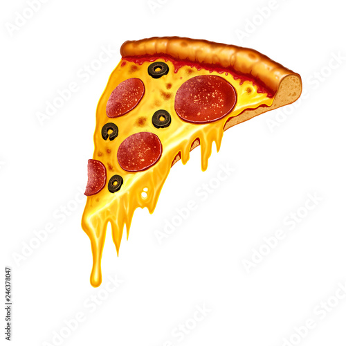 Slice of pizza. Pepperoni pizza on white background, isolated. Pizza with sausage and olives.