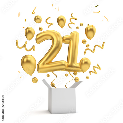 Canvas Print Happy 21st birthday gold surprise balloon and box. 3D Rendering