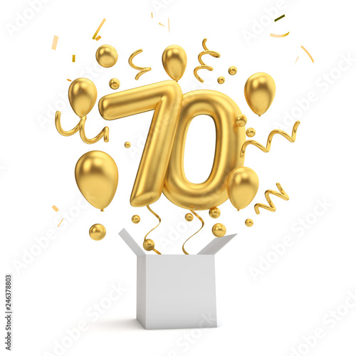 Photography Happy 70th birthday gold surprise balloon and box. 3D Rendering