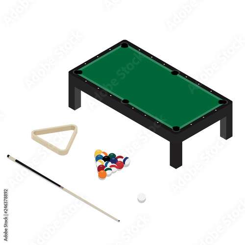 Vector illustration realistic pool table with set of billiard balls, triangle and cue. Billiard table with green cloth isometric 3d perspective