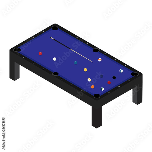 Vector illustration realistic pool table with set of billiard balls and cue. Billiard table with blue cloth isometric 3d perspective