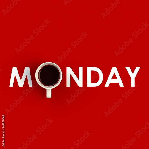 Top view of a cup of coffee in the form of monday isolated on red background, Coffee concept illustration, 3d rendering