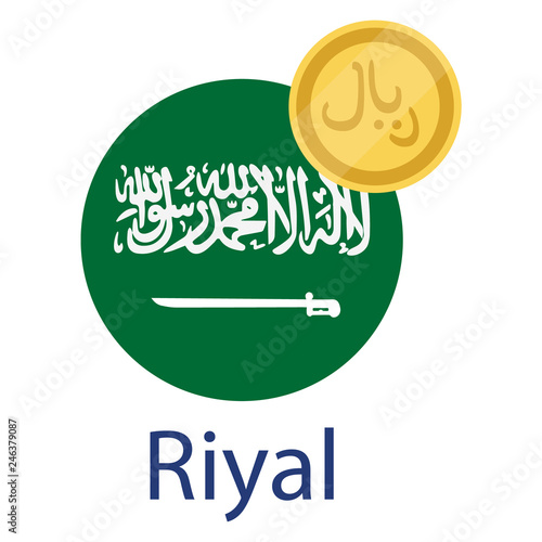 Saudi Arabia flag and riyal golden coin. Riyal currency exchange icon. Currency exchange money icon
