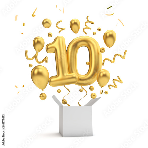 Happy 10th birthday gold surprise balloon and box. 3D Rendering photo