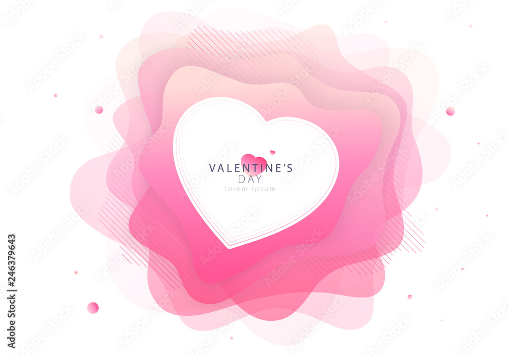 Valentine's Day trendy modern invitation card design. Pink liquid shapes flower with lines and heart. Love, futuristic light balloons. EPS 10 illustration