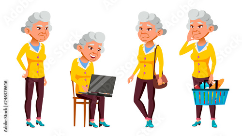 Asian Old Woman Poses Set Vector. Elderly People. Senior Person. Aged. Beautiful Retiree. Life. Presentation, Print, Invitation Design. Isolated Cartoon Illustration