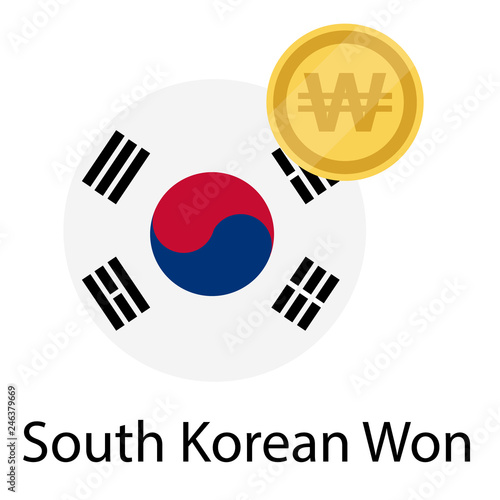 Free Download South Korea flag and South Korean Won golden coin. Won currency exchange money icon - GFXLoad
