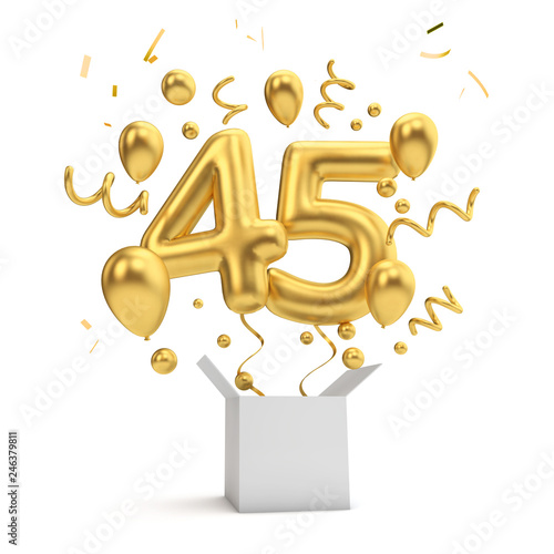 Happy 45th birthday gold surprise balloon and box. 3D Rendering photo