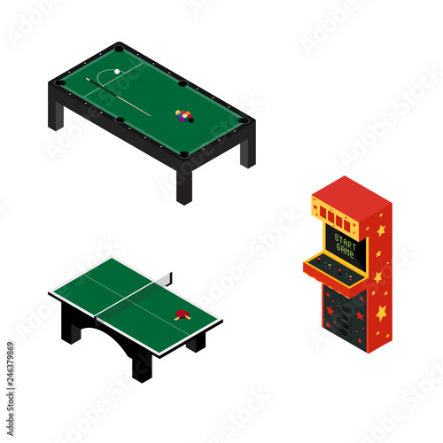 Game room concept. Arcade game machine, ping pong and pool billiard table isolated on white. Isometric