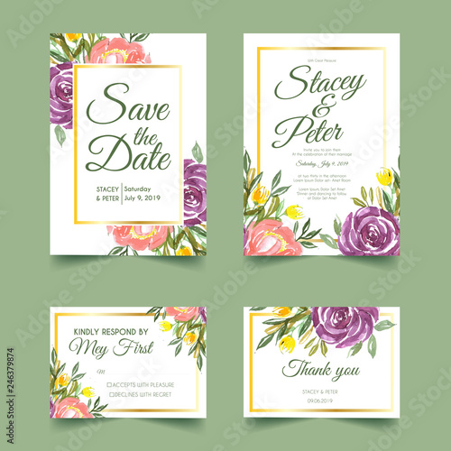 sweet floral watercolor wedding invitation , rsvp card, thanks card