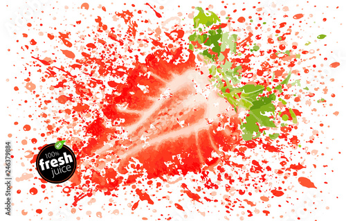 Strawberry juice splash. Half of fresh berry and splashes. A blast of fresh fruit taste. White background, EPS Illustration