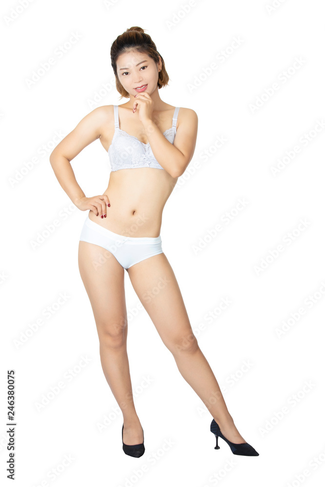 Chinese woman posing in panties and bra on white background Chinese woman posing in panties and bra on white background