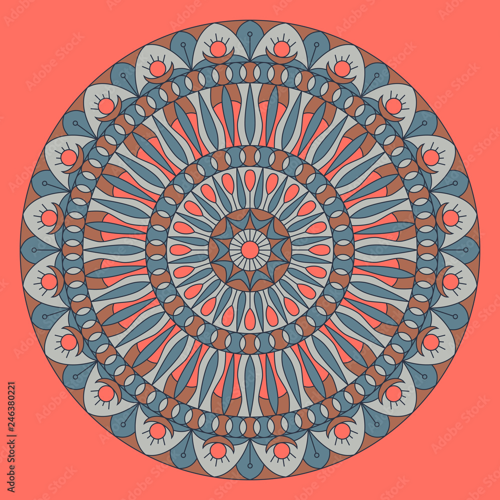 Geometric folklore ornament. Circular pattern in vintage style. The illustration is made in fashionable colors of 2019