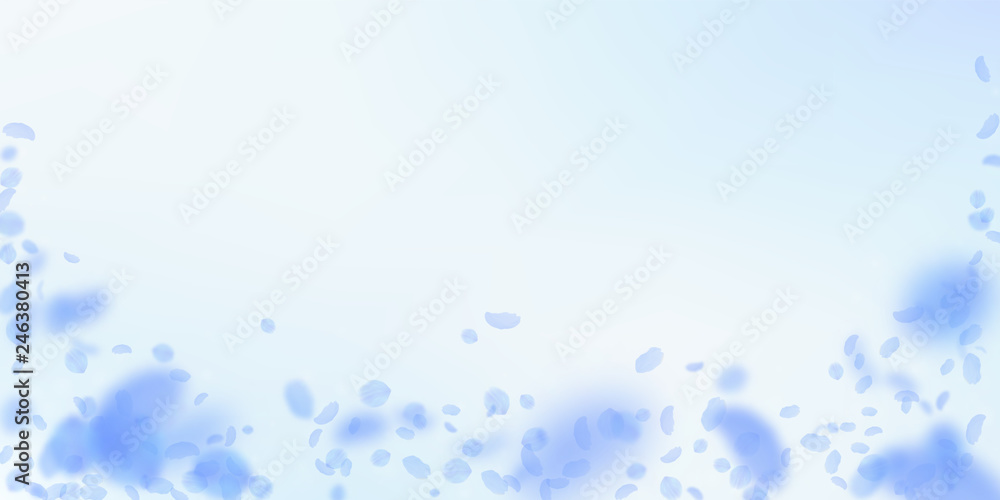 Dark blue flower petals falling down. Artistic rom