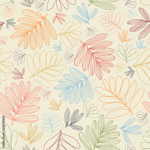 Vector line art colorful leaves seamless pattern  wallpaper  backgrounds