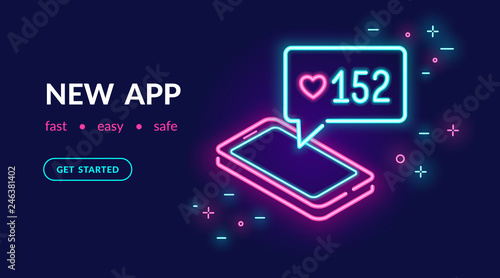 Neon social media app for chatting, following and sharing memes. Bright vector neon light website banner template or landing page design of smartphone with speech bubble and message in social networks