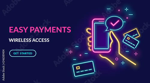 Neon sign of payment by credit card via electronic wallet wirelessly and easy. Bright vector neon light illustration of online mobile paying by phone credit card connected and check mark speech bubble