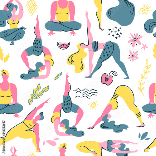 Flat memphis vector seamless pattern with yoga asanas. Men and women engage in yoga. Healthy lifestyle. 