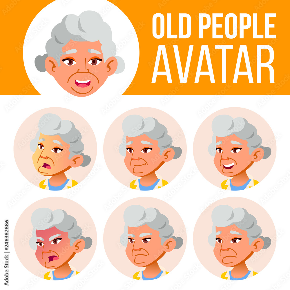 Asian Old Woman Avatar Set Vector. Face Emotions. Senior Person Portrait. Elderly People. Aged. Flat, Portrait. Cute, Comic, Web. Cartoon Head Illustration Asian Old Woman Avatar Set Vector. Face Emotions. Senior Person Portrait. Elderly People. Aged. Flat, Portrait. Cute, Comic, Web. Cartoon Head Illustration