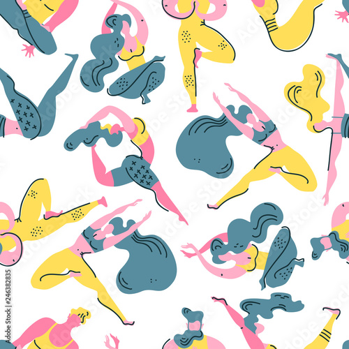 Flat memphis vector seamless pattern with yoga asanas. Men and women engage in yoga. Healthy lifestyle. 