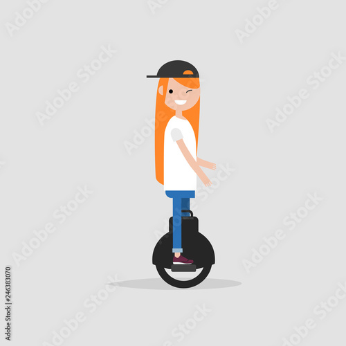 Happy smiling character riding monowheel. Modern technology vector cartoon illustration