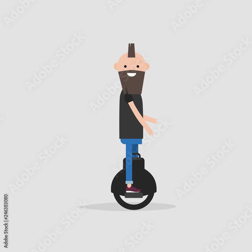 Happy smiling character riding monowheel. Modern technology vector cartoon illustration