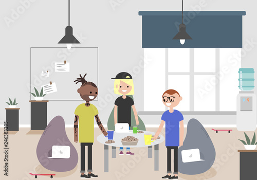 Vector illustration of coworking space. Working place  office. Modern office. Millennials at work. Flat design.