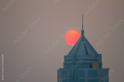 Sunset over high-rise building  downtown