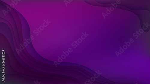 Horizontal abstract background with 3D paper layers effect. Wallpaper template is 16:9 aspect ratio. Backdrop is dark purple gradient. Vector illustration.