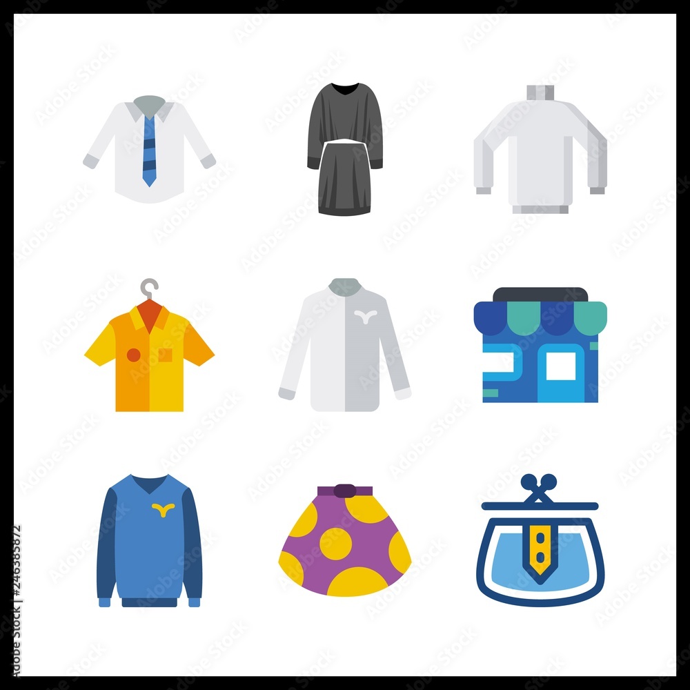 9 clothes icon. Vector illustration clothes set. sweater and skirt icons for clothes works 9 clothes icon. Vector illustration clothes set. sweater and skirt icons for clothes works